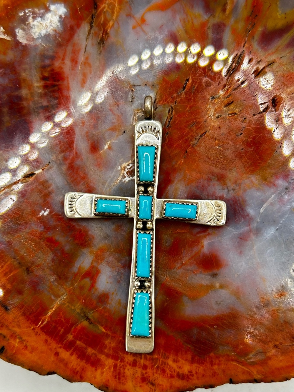Sterling Silver Cross with Turquoise Gemstones